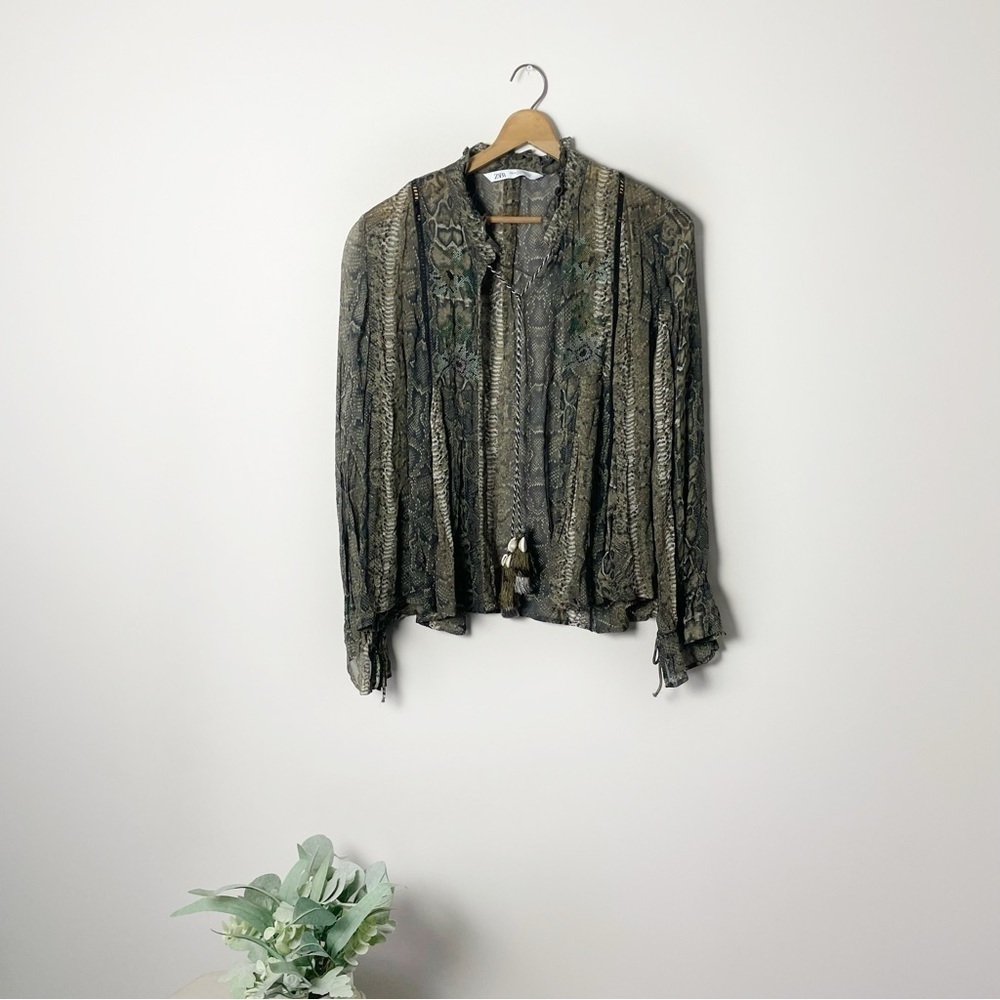 [Zara] Women's Green & Brown Snake Print Embroidered Tassel Tie Open Front Top